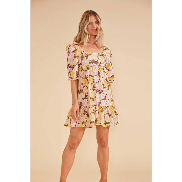 MinkPink Floral Zoey Tie Back Puff Sleeve Square Neck Mini Dress Size M - Picture 1 of 13